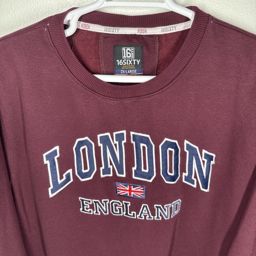 16SIXTY Men Embroidered London England Spellout Souvenir 2XL Maroon Sweatshirt - Picture 2 of 8